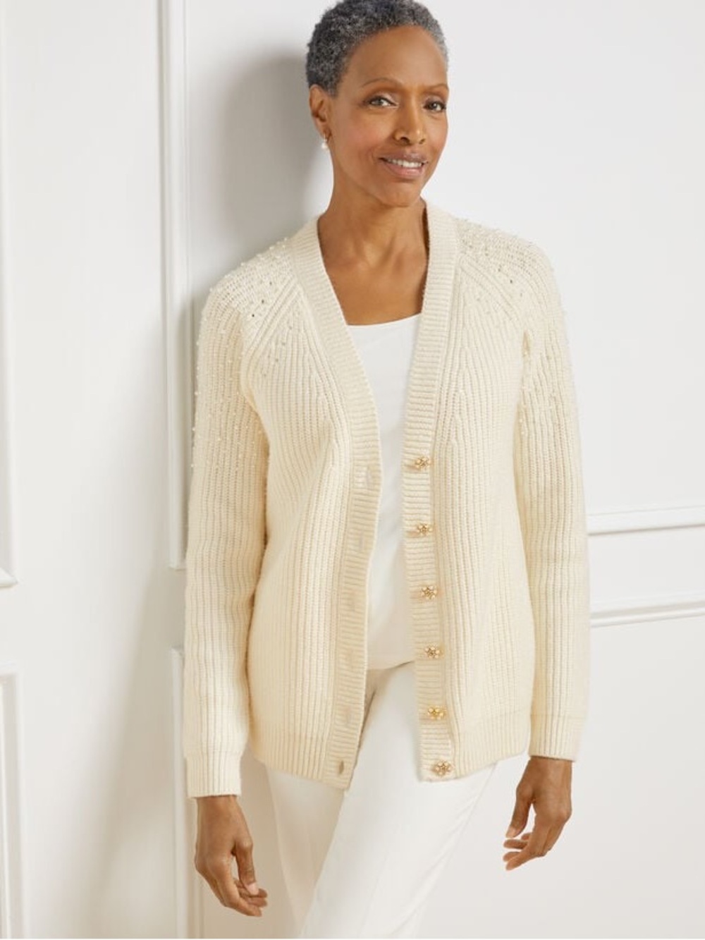 Talbots White Ivory Pearl Embellished V-Neck Cardigan Sweater XL NWT